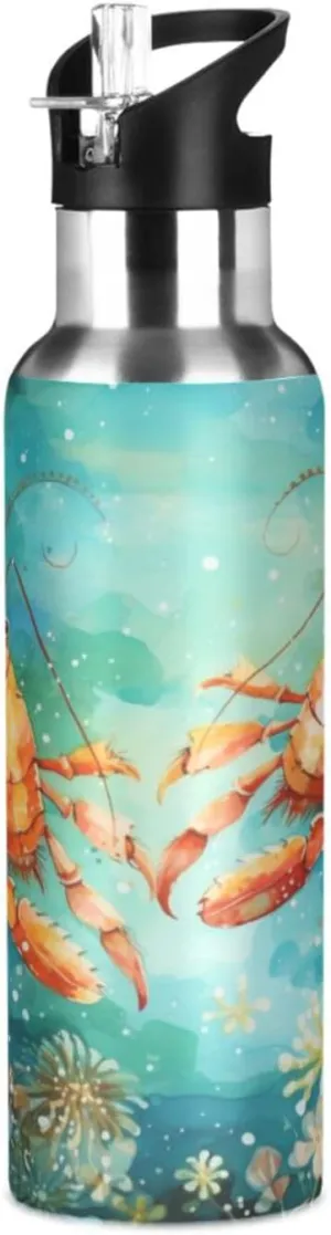 Fancy Watercolor Lobster Sport Water Bottle Insulated Stainless Steel Large Vacuum Flask Leak Proof Thermos with Straw for Travel(600ml/1000ml)