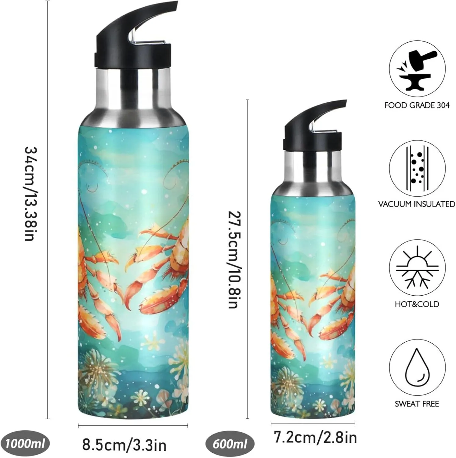 Fancy Watercolor Lobster Sport Water Bottle Insulated Stainless Steel Large Vacuum Flask Leak Proof Thermos with Straw for Travel(600ml/1000ml)
