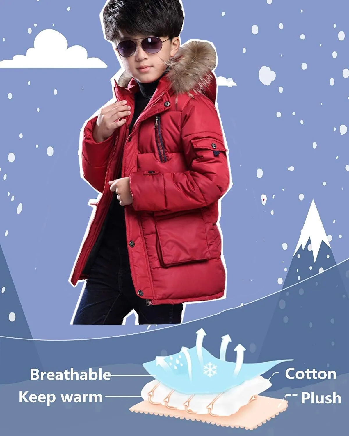 FARVALUE Boy Winter Coat Warm Quilted Puffer Water Resistant Parka Jacket with Detachable Fur Hood for Big Boys