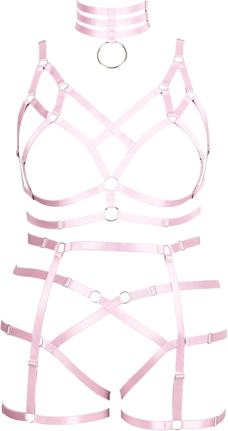 Fat Woman Body Harness Plus Size Hollow Out Strap Full Cage Bra Punk Leg Garter Belt Set Girl Rave Gothic