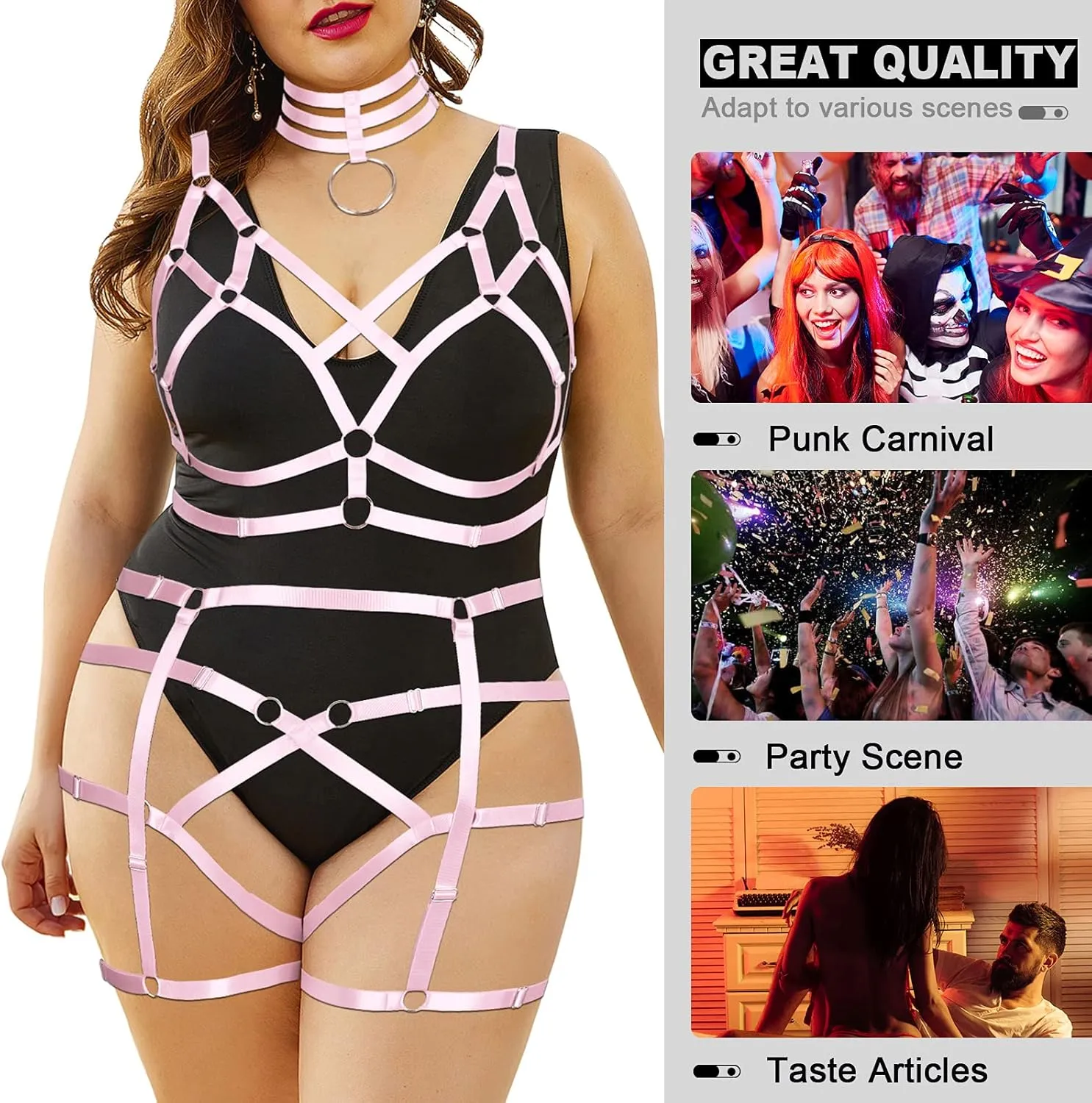Fat Woman Body Harness Plus Size Hollow Out Strap Full Cage Bra Punk Leg Garter Belt Set Girl Rave Gothic