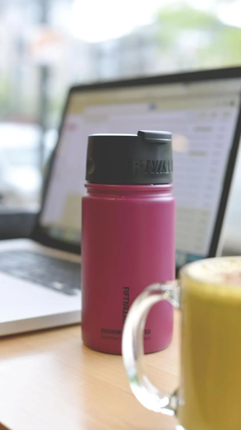 FIFTY/FIFTY 16oz, Double Wall Vacuum Insulated Café Water Bottle, Stainless Steel, Flip Cap w/ Wide Mouth, Cherry Red, 16oz/473ml, (V16003RD0)