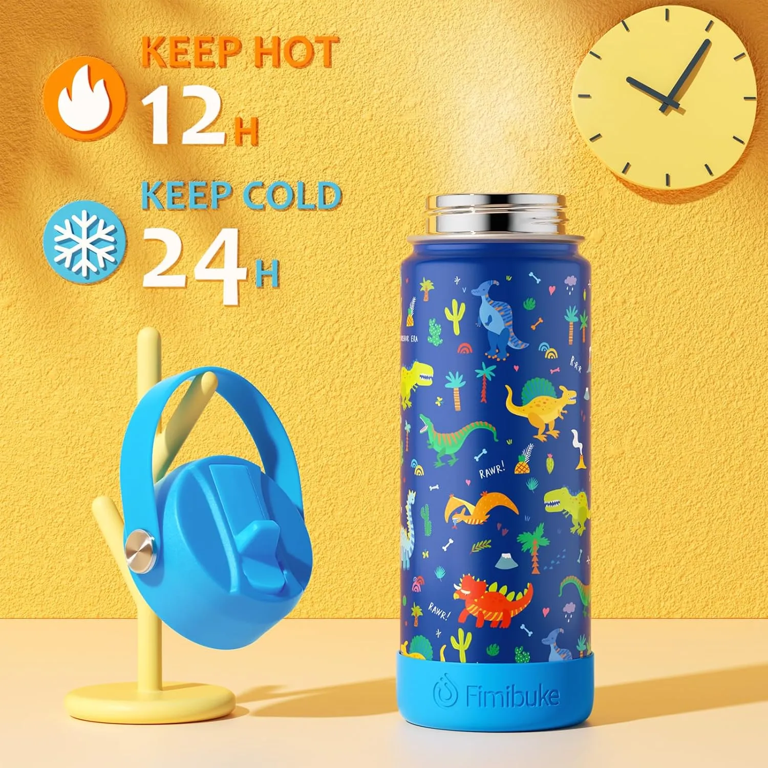 Fimibuke Kids Insulated Water Bottle, 18oz BPA FREE Kids Cups with Straw Double Wall Vacuum Tumbler 18/8 Stainless Steel Leak Proof Toddler Water Bottle for School Boys Girls (2 Pack, Dinosaur/Shark)