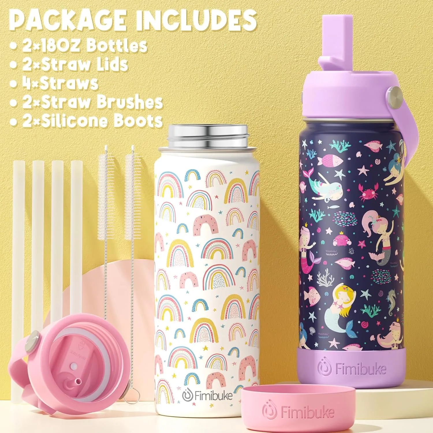 Fimibuke Kids Insulated Water Bottle, 18oz BPA FREE Kids Cups with Straw Double Wall Vacuum Tumbler 18/8 Stainless Steel Leak Proof Toddler Water Bottle for School Boys Girls (2 Pack, Dinosaur/Shark)