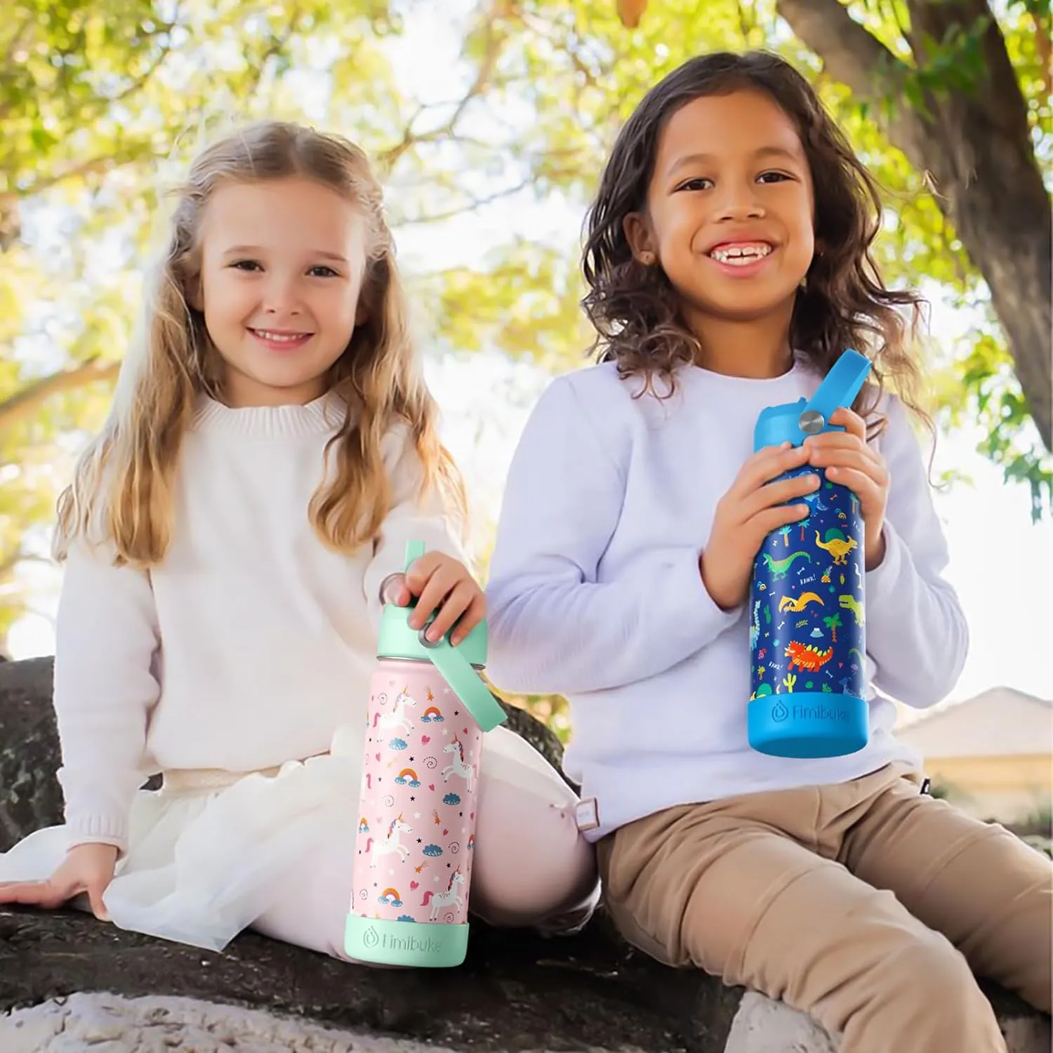 Fimibuke Kids Insulated Water Bottle, 18oz BPA FREE Kids Cups with Straw Double Wall Vacuum Tumbler 18/8 Stainless Steel Leak Proof Toddler Water Bottle for School Boys Girls (2 Pack, Dinosaur/Shark)