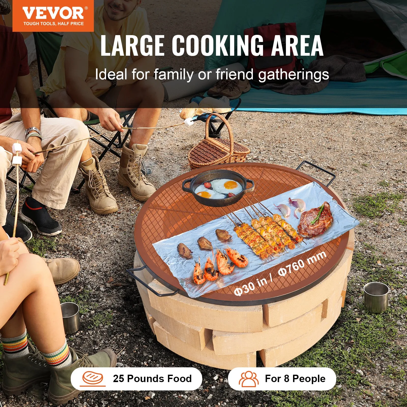 (FINAL PRICES ARE LOWER ON OUR SITE!) VEVOR X-Marks Fire Pit Grill Grate, Round Cooking Grate, Heavy Duty Steel Campfire BBQ Grill Grid with Handle and Support X Wire, Portable Camping Cookware for Outside Party & Gathering, 30 Inch Black