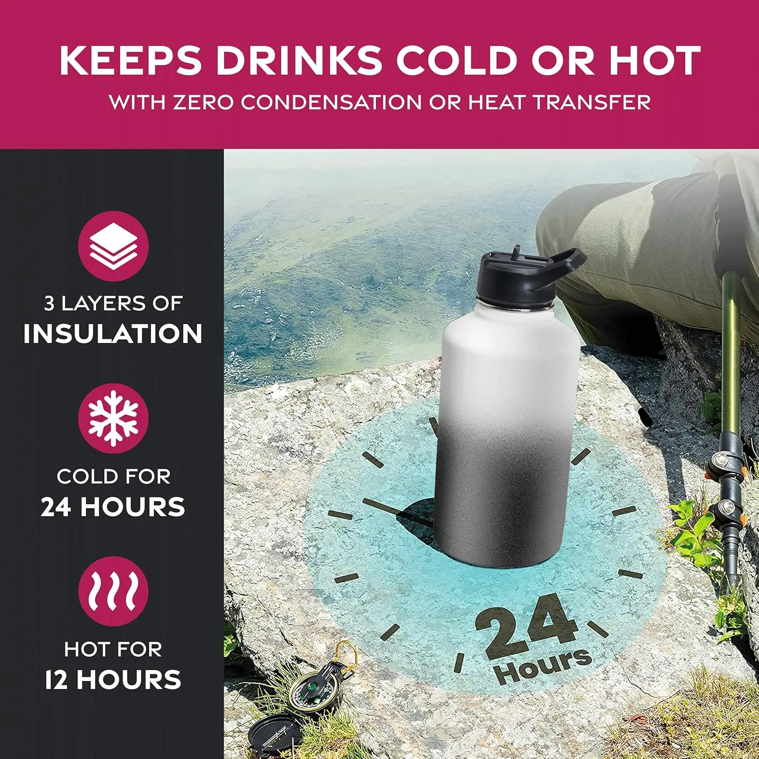 FineDine Water Bottle - Stainless Steel Insulated Water Bottle with Straw Lid, Flip Lid & Wide-Mouth Cap - Keeps Hot and Cold - 64 Oz / 1.89L - Dreamy Black-White