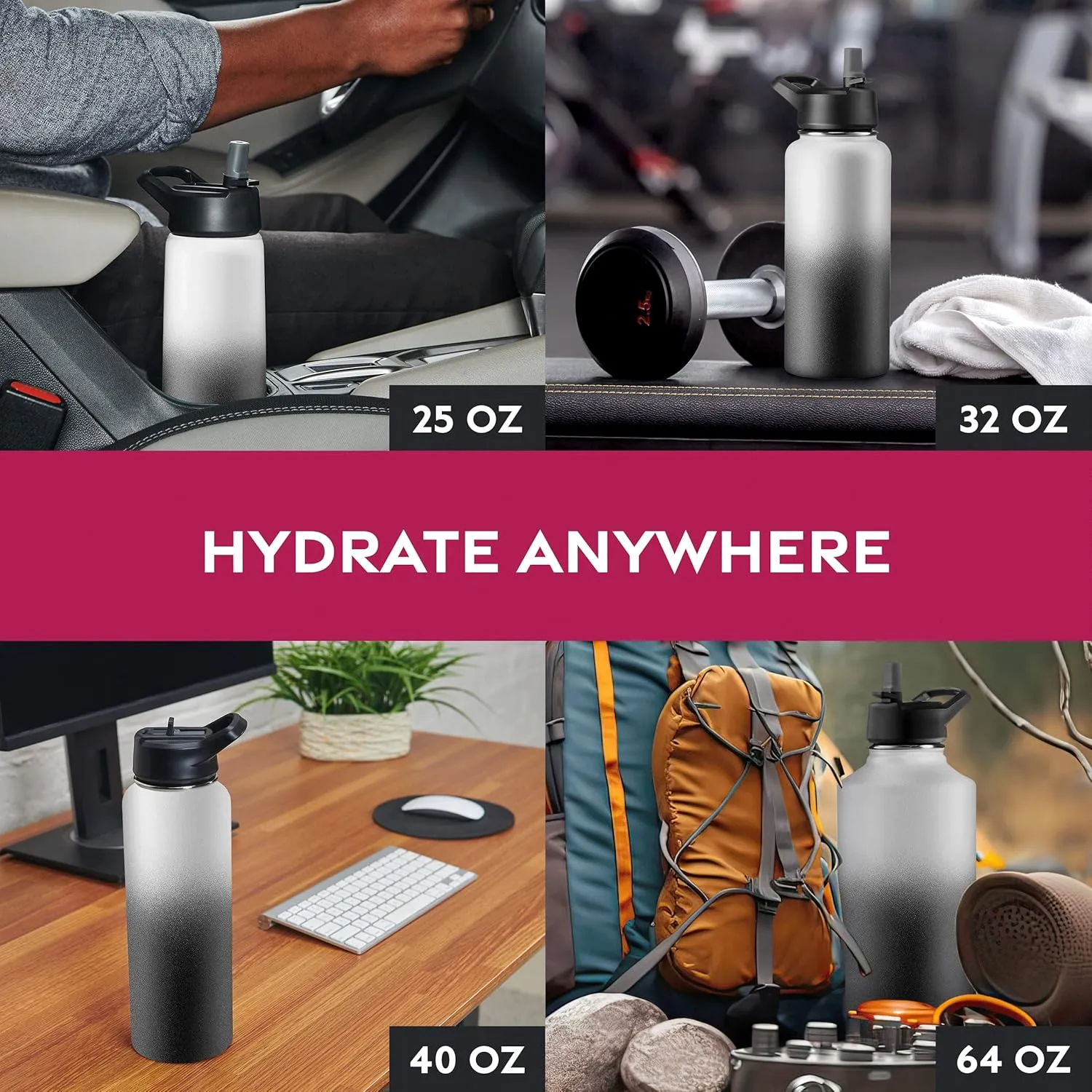 FineDine Water Bottle - Stainless Steel Insulated Water Bottle with Straw Lid, Flip Lid & Wide-Mouth Cap - Keeps Hot and Cold - 64 Oz / 1.89L - Dreamy Black-White