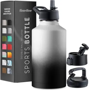 FineDine Water Bottle - Stainless Steel Insulated Water Bottle with Straw Lid, Flip Lid & Wide-Mouth Cap - Keeps Hot and Cold - 64 Oz / 1.89L - Dreamy Black-White