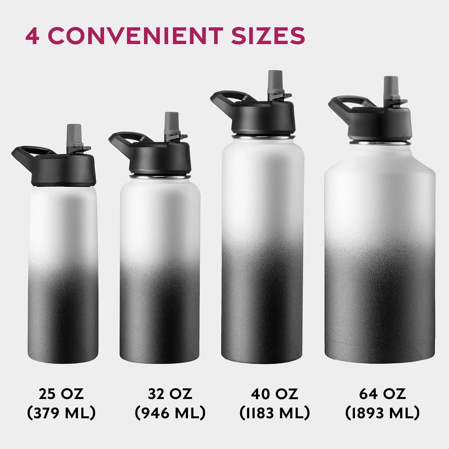 FineDine Water Bottle - Stainless Steel Insulated Water Bottle with Straw Lid, Flip Lid & Wide-Mouth Cap - Keeps Hot and Cold - 64 Oz / 1.89L - Dreamy Black-White