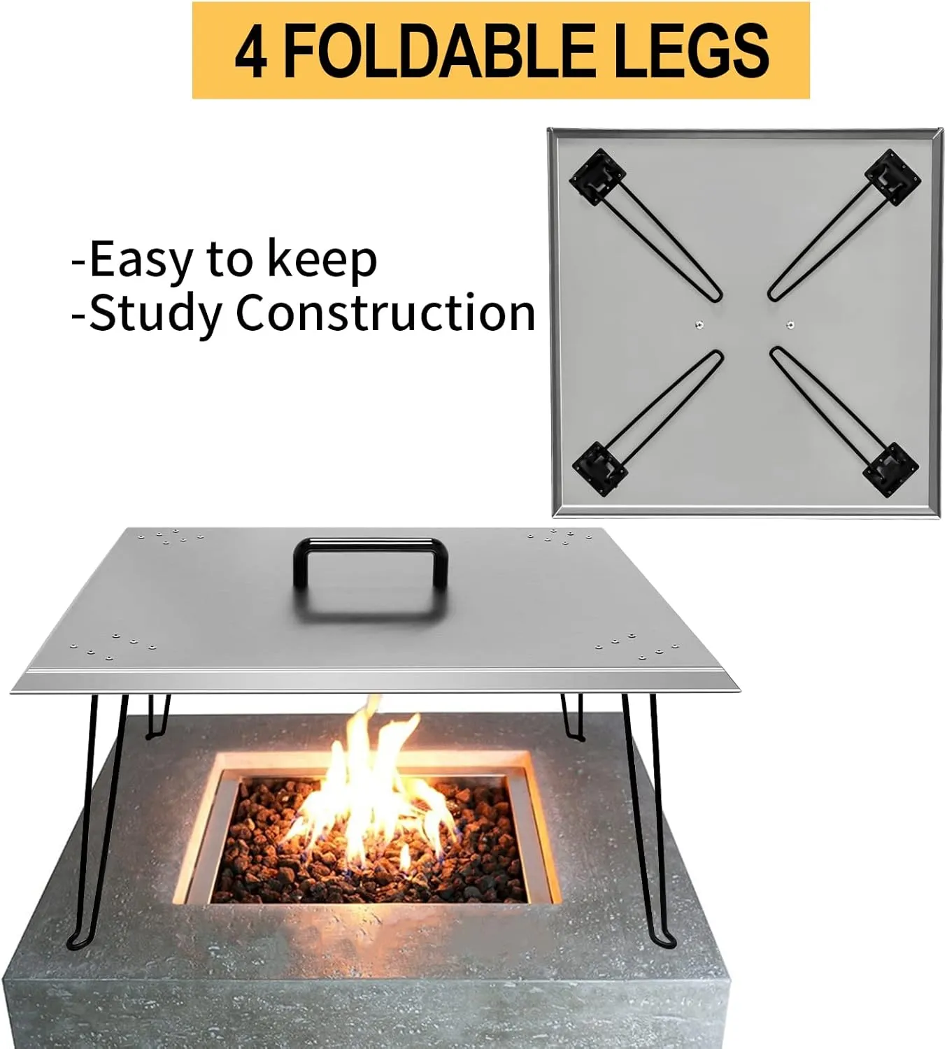 Fire Pit Heat Deflector 30’’x30’’x13’’ Inch, Stainless Steel Fire Pit Cover 1.5mm Thick, Fire Pit Burner Cover to Push Heat Down and Out with Carrying Handle and Foldable Legs