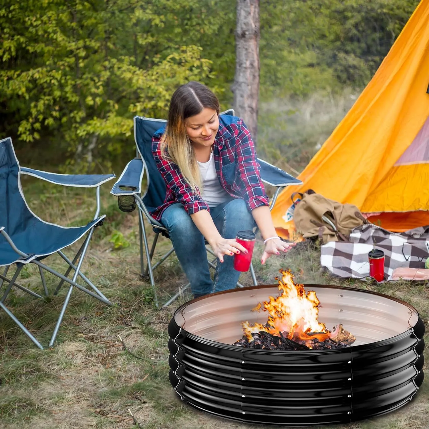 Fire Pit Ring for Outside - 36IN Heavy Duty Round Wood Burning Outdoor Fireplace,High Heat Resistant,12''Raised,Galvanized Steel Firepit Portable for Camping,Bonfire,Backyard,Beach,Porch