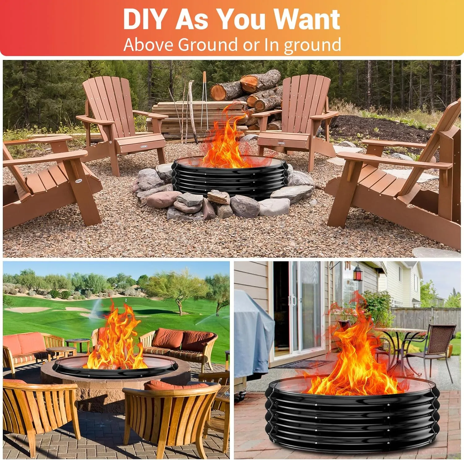 Fire Pit Ring for Outside - 36IN Heavy Duty Round Wood Burning Outdoor Fireplace,High Heat Resistant,12''Raised,Galvanized Steel Firepit Portable for Camping,Bonfire,Backyard,Beach,Porch