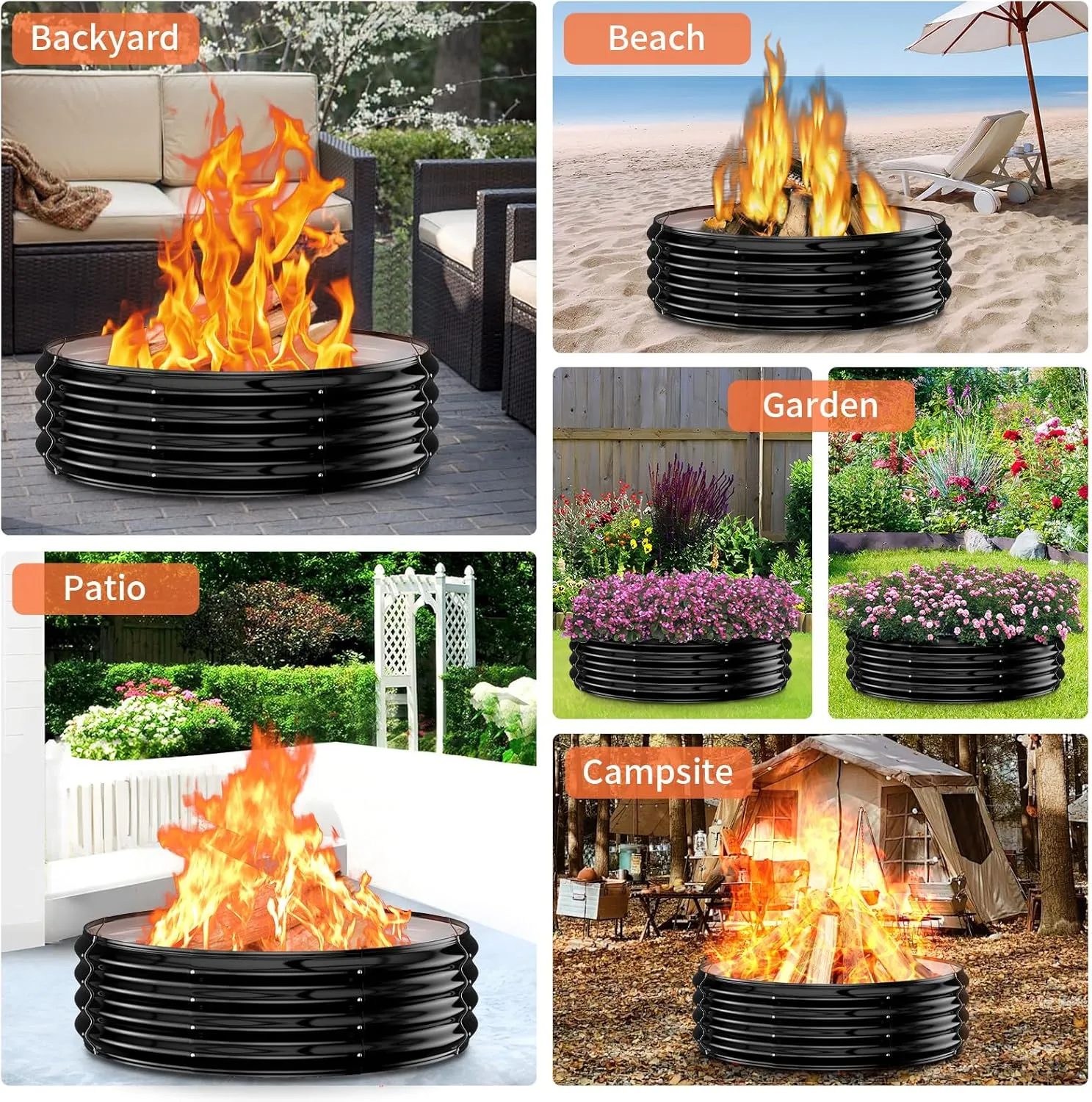 Fire Pit Ring for Outside - 36IN Heavy Duty Round Wood Burning Outdoor Fireplace,High Heat Resistant,12''Raised,Galvanized Steel Firepit Portable for Camping,Bonfire,Backyard,Beach,Porch