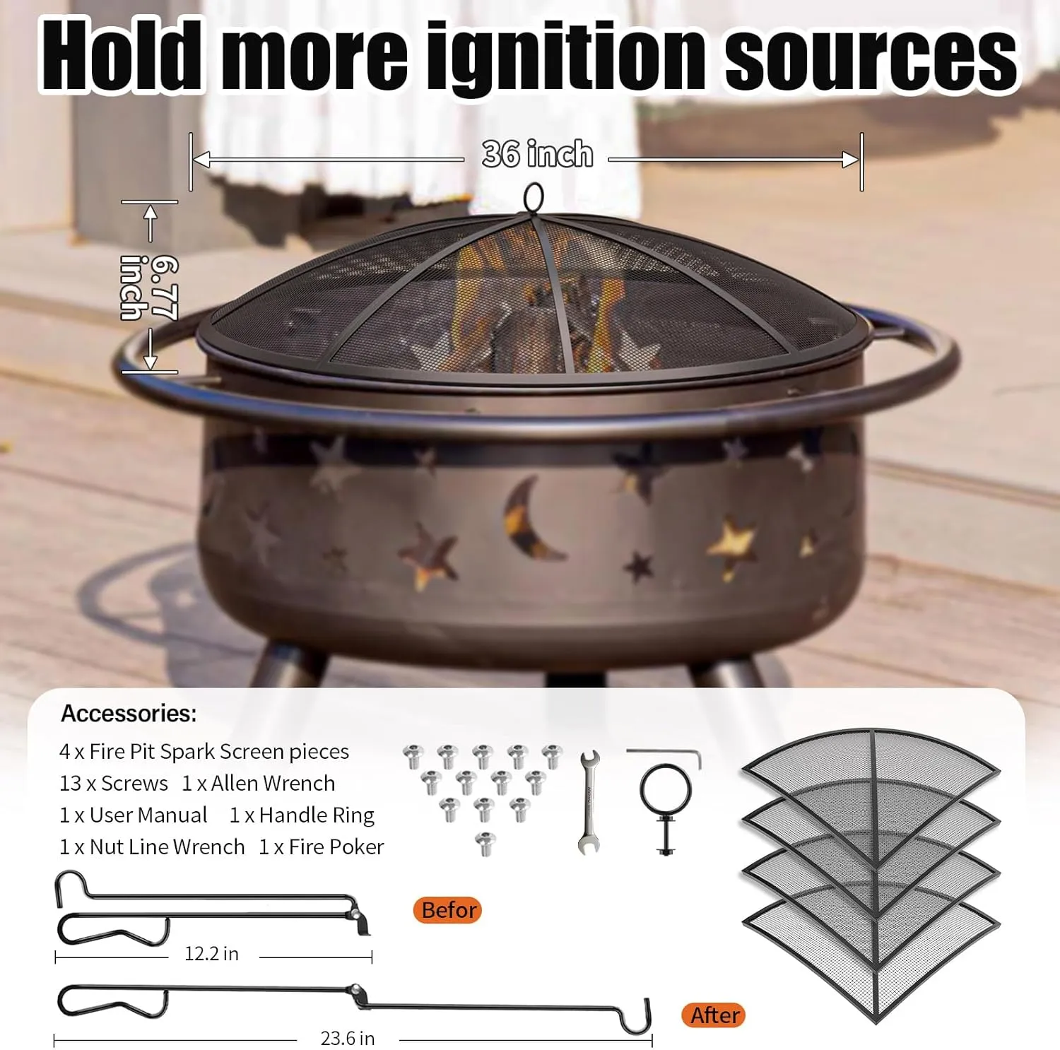 Fire Pit Spark Screen, 30Inch Fire Pit Lid Outdoor with Handle & Poker, Heavy-Duty Mesh Firepit Cove, 12 Reinforced Bars for Backyard/Beach/RV Camping