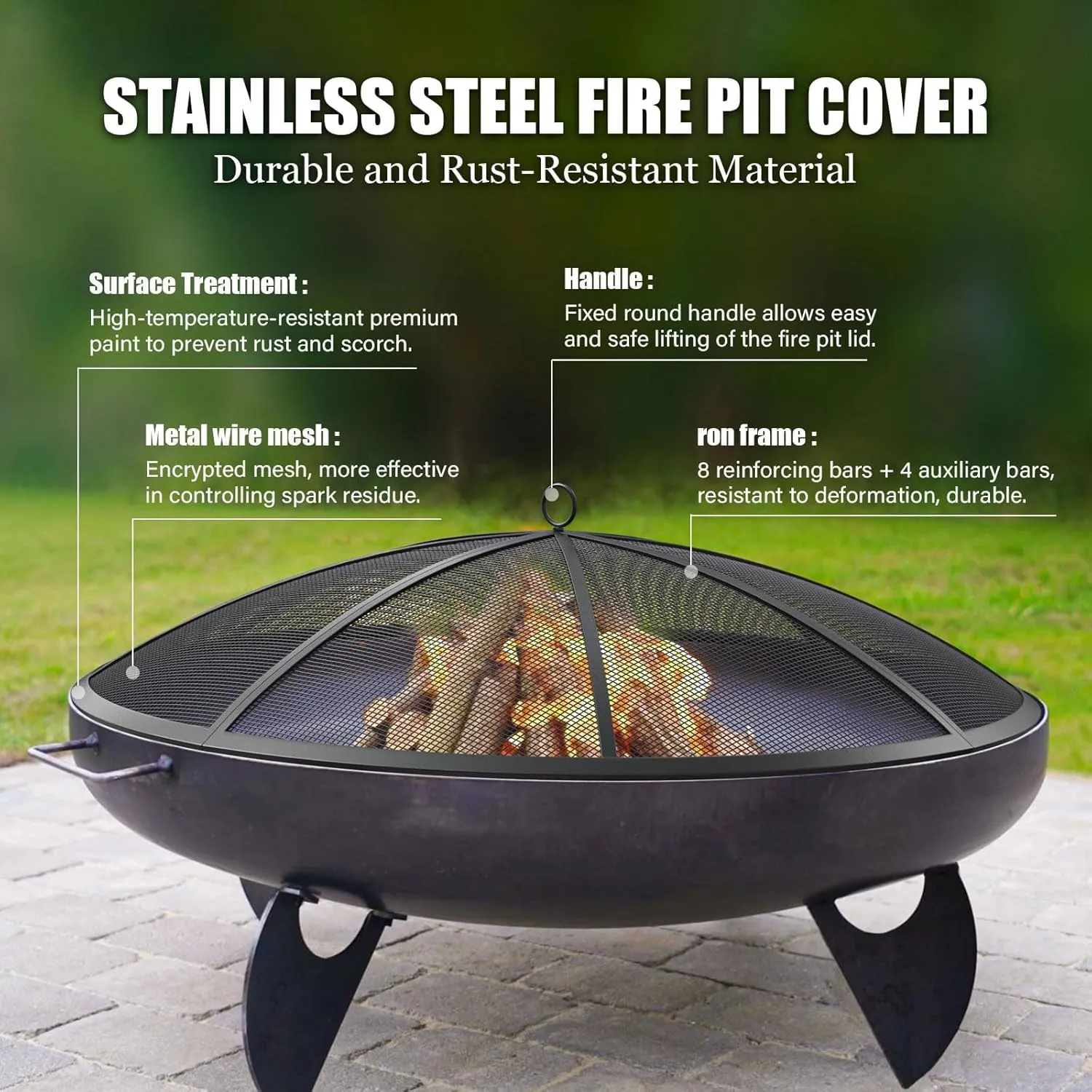 Fire Pit Spark Screen, 30Inch Fire Pit Lid Outdoor with Handle & Poker, Heavy-Duty Mesh Firepit Cove, 12 Reinforced Bars for Backyard/Beach/RV Camping