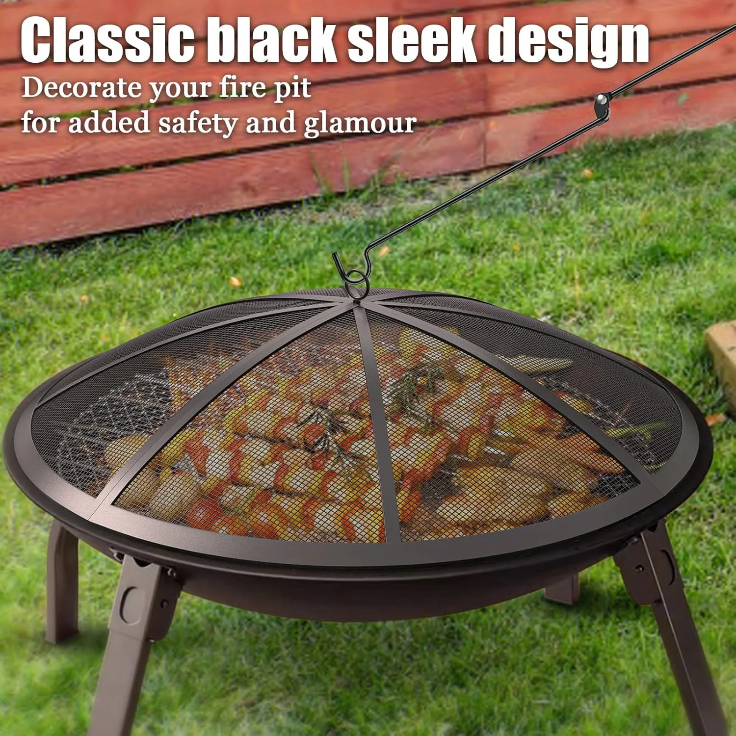Fire Pit Spark Screen, 30Inch Fire Pit Lid Outdoor with Handle & Poker, Heavy-Duty Mesh Firepit Cove, 12 Reinforced Bars for Backyard/Beach/RV Camping