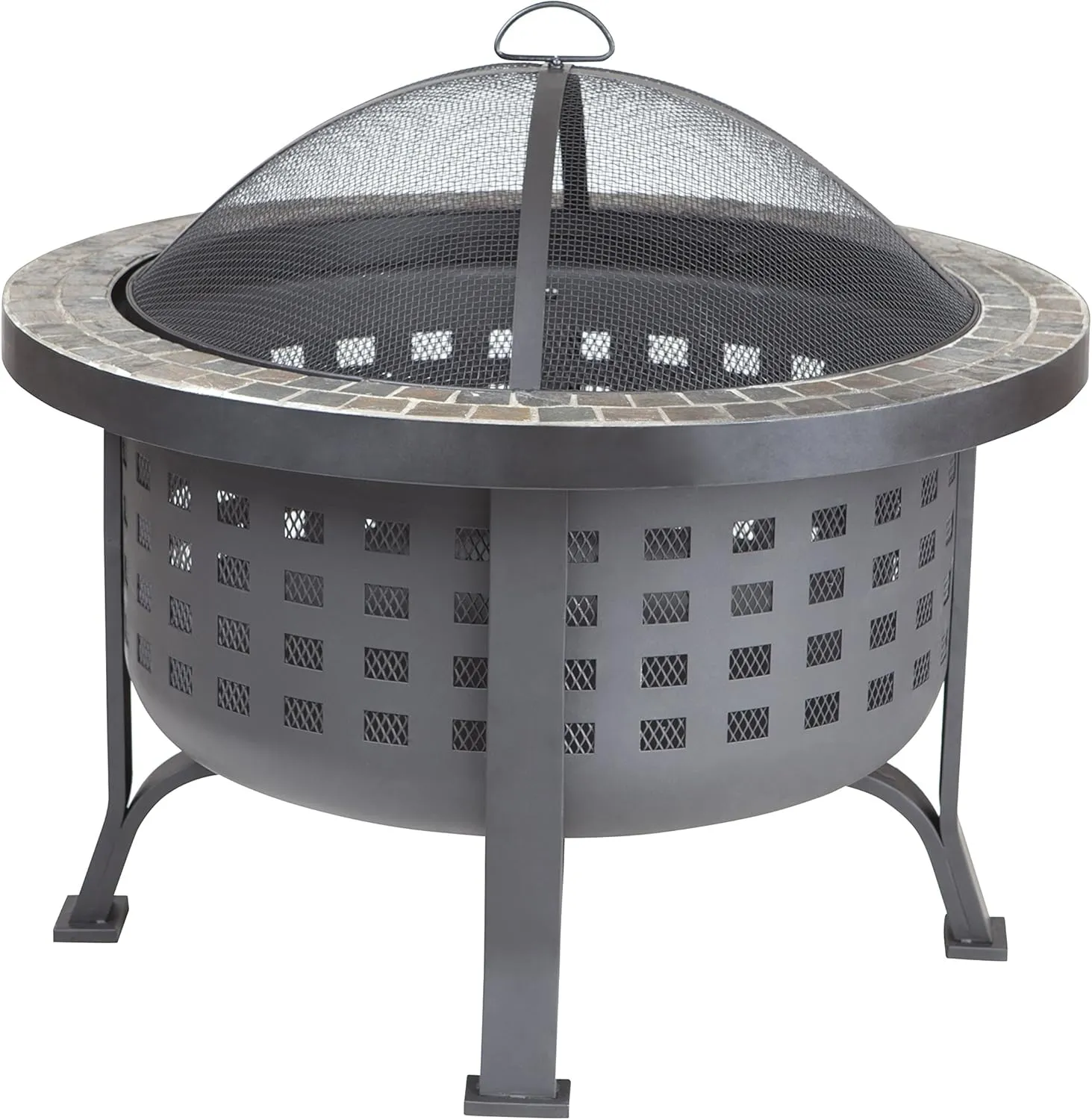 Fire Sense 62240 Fire Pit Alpina Slate Top Wood Burning Lightweight Portable Outdoor Firepit Backyard Fireplace for Camping Bonfire Included Screen Lift Tool & Cooking Grate - Round - 24"