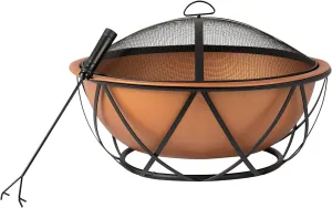 Fire Sense 62241 Fire Pit Barzelonia Copper-Look Wood Burning Lightweight Portable Outdoor Firepit Backyard Fireplace Camping Bonfire Included Screen Lift Tool & Cooking Grate - Round - 26"
