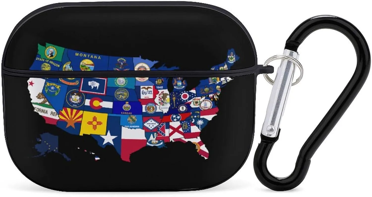 Flag Map of U.S. Cute Protective Case Compatible with AirPods Pro Bluetooth Headphone Cover with Keychain