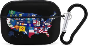Flag Map of U.S. Cute Protective Case Compatible with AirPods Pro Bluetooth Headphone Cover with Keychain