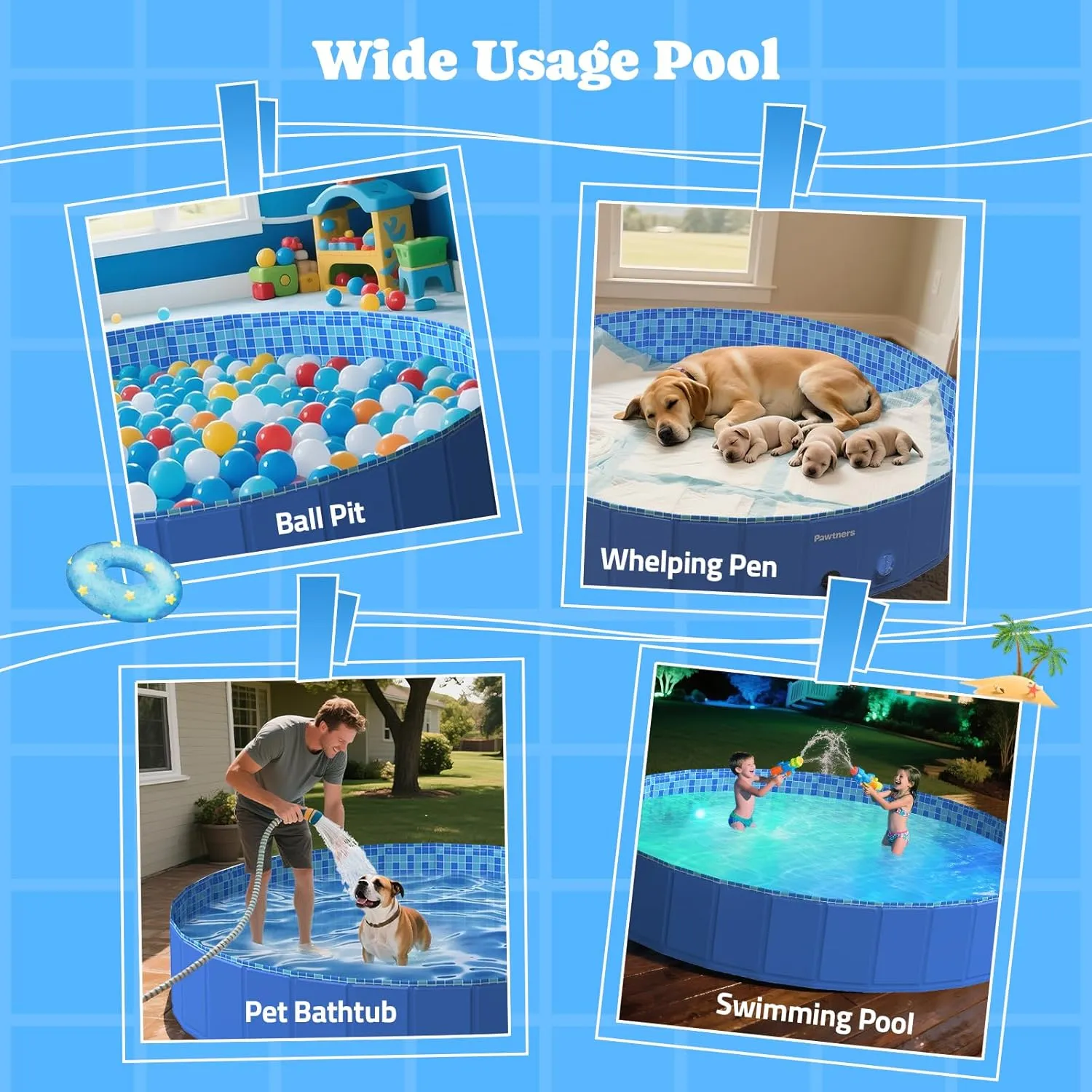 Foldable Dog Pool with RGB LED Light, 94" Collapsible Hard Plastic Kiddie Swimming Pool with Remote for Small Medium Large Doggie Kitty Puppy, Pet Bathing Tub Wading Pool for Dogs Blue