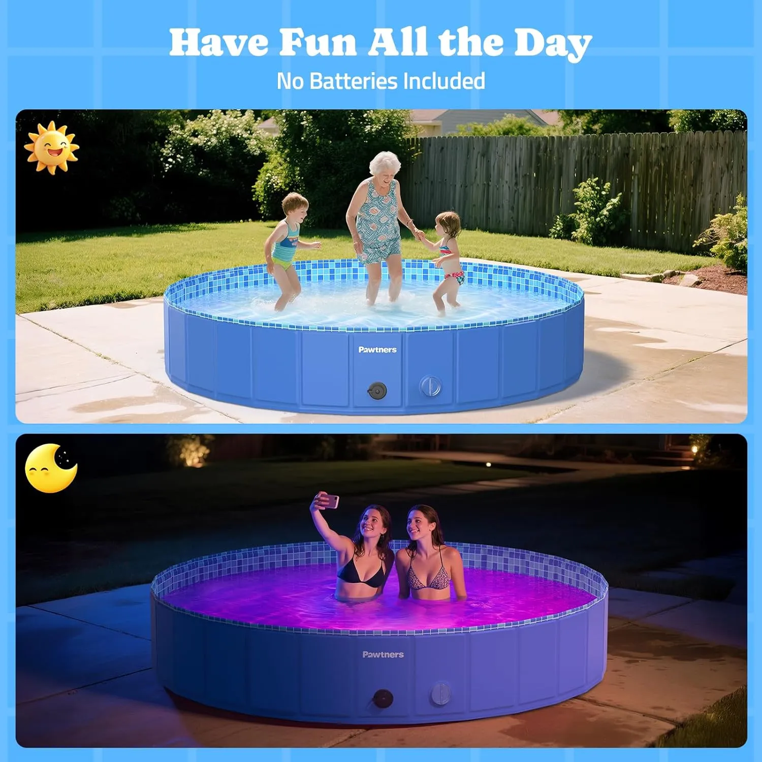 Foldable Dog Pool with RGB LED Light, 94" Collapsible Hard Plastic Kiddie Swimming Pool with Remote for Small Medium Large Doggie Kitty Puppy, Pet Bathing Tub Wading Pool for Dogs Blue