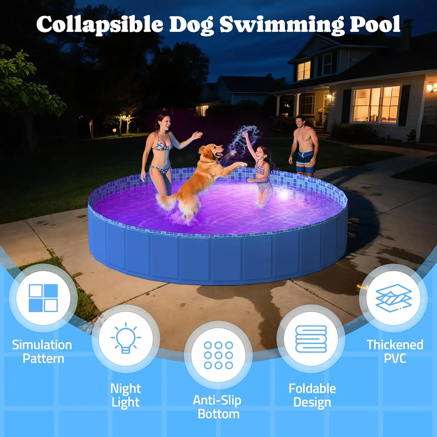 Foldable Dog Pool with RGB LED Light, 94" Collapsible Hard Plastic Kiddie Swimming Pool with Remote for Small Medium Large Doggie Kitty Puppy, Pet Bathing Tub Wading Pool for Dogs Blue