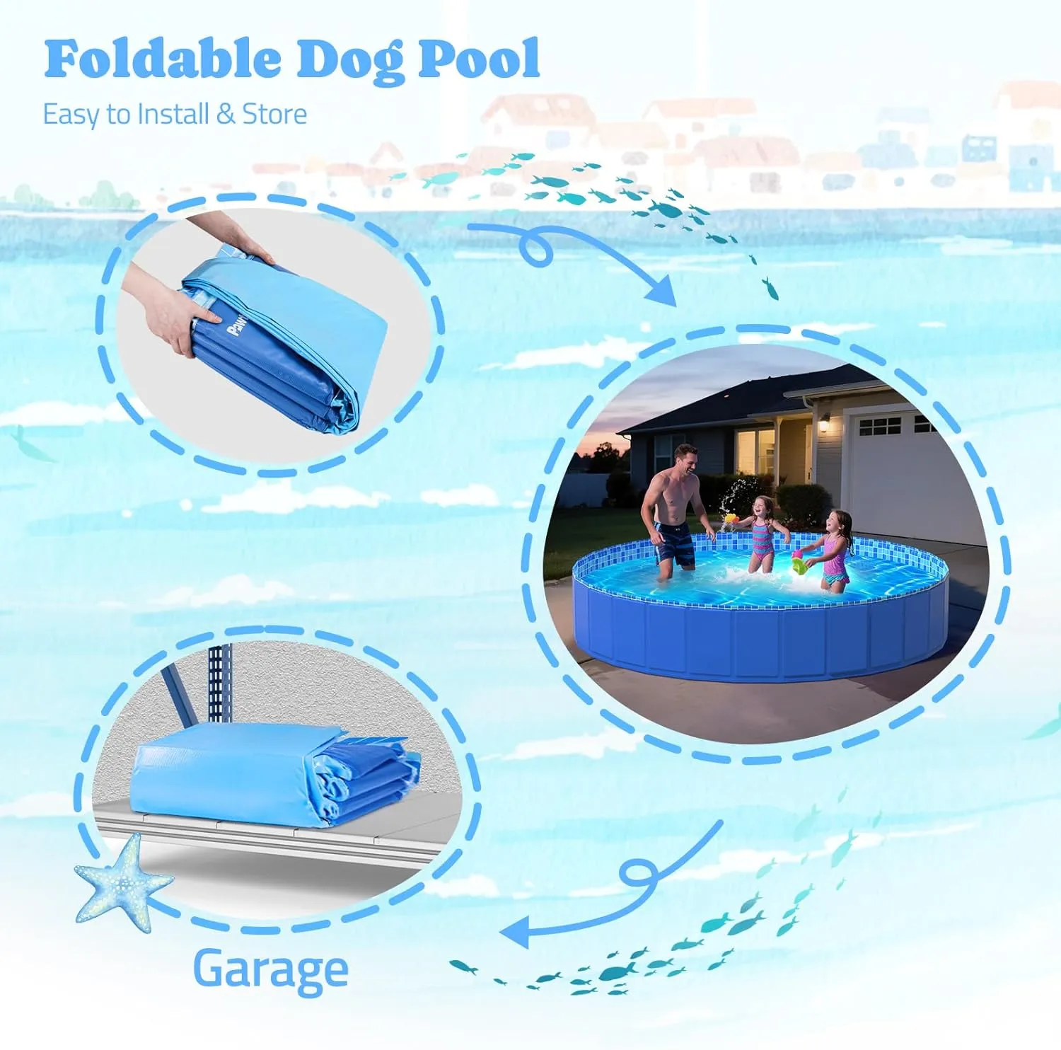 Foldable Dog Pool with RGB LED Light, 94" Collapsible Hard Plastic Kiddie Swimming Pool with Remote for Small Medium Large Doggie Kitty Puppy, Pet Bathing Tub Wading Pool for Dogs Blue