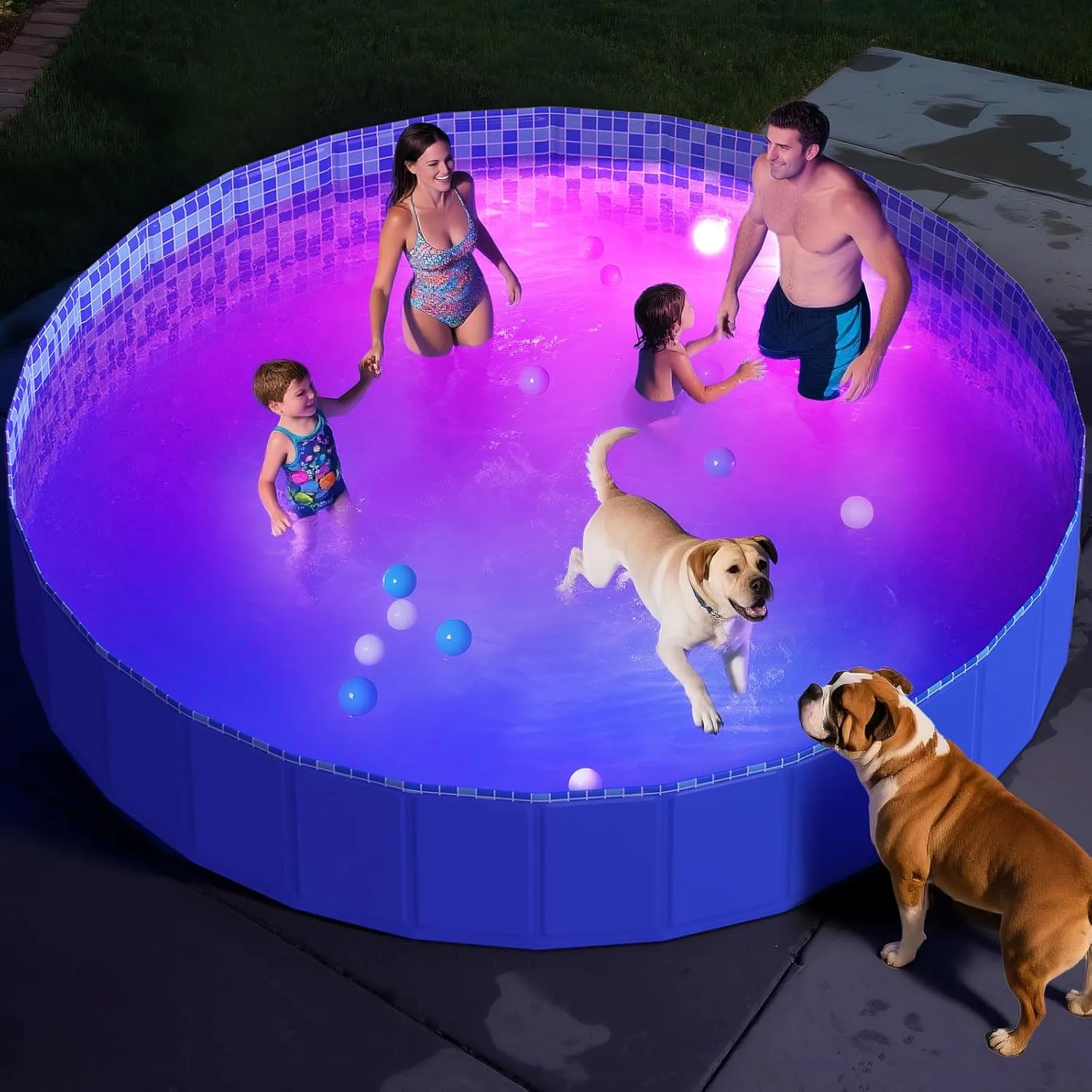 Foldable Dog Pool with RGB LED Light, 94" Collapsible Hard Plastic Kiddie Swimming Pool with Remote for Small Medium Large Doggie Kitty Puppy, Pet Bathing Tub Wading Pool for Dogs Blue