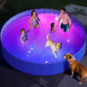 Foldable Dog Pool with RGB LED Light, 94" Collapsible Hard Plastic Kiddie Swimming Pool with Remote for Small Medium Large Doggie Kitty Puppy, Pet Bathing Tub Wading Pool for Dogs Blue