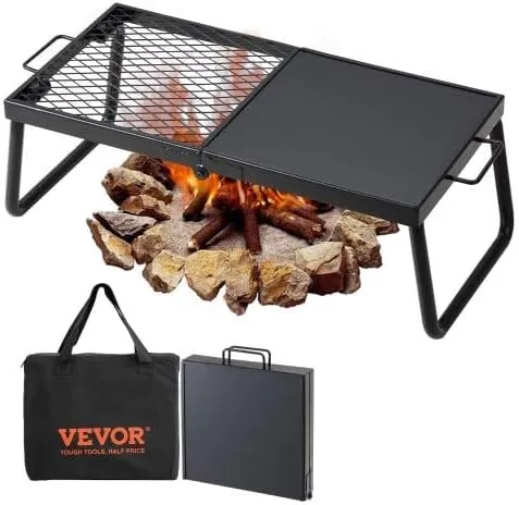 Folding Campfire Grill, Heavy Duty Steel Mesh Grate, 22.4" Portable Camping Grates Over Fire Pit, Camp Fire Cooking Equipment with Legs Carrying Bag, Grilling Rack for Outdoor Open Flame Cooking