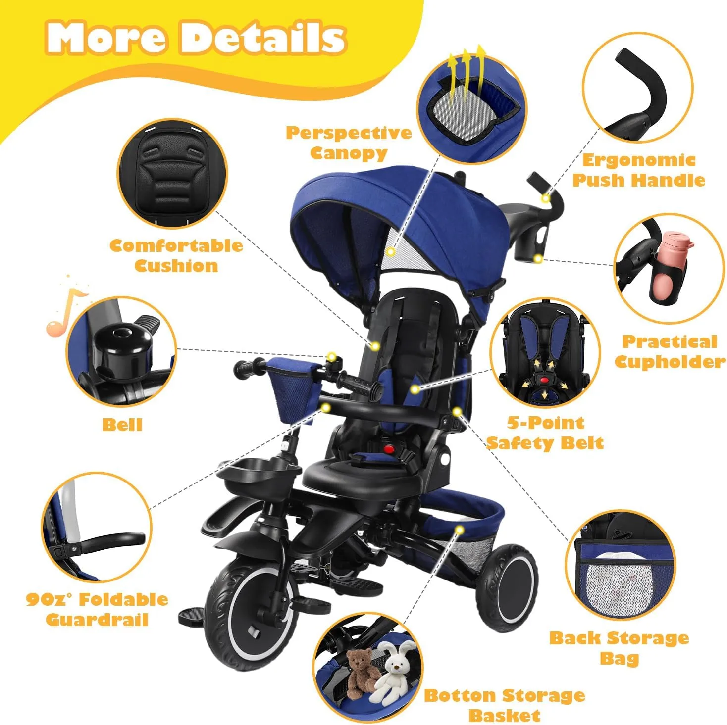 Folding Kids Tricycle, 8 in 1 Baby Trike W/Removable & Adjustable Canopy, Parent Handle, 5-Piont Safety Harness, Toddler Bike Stroller for Kids 1-6 Years, EVA Wheels, Storage Basket, Blue