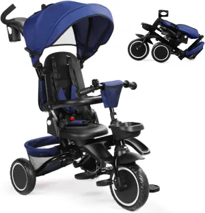Folding Kids Tricycle, 8 in 1 Baby Trike W/Removable & Adjustable Canopy, Parent Handle, 5-Piont Safety Harness, Toddler Bike Stroller for Kids 1-6 Years, EVA Wheels, Storage Basket, Blue