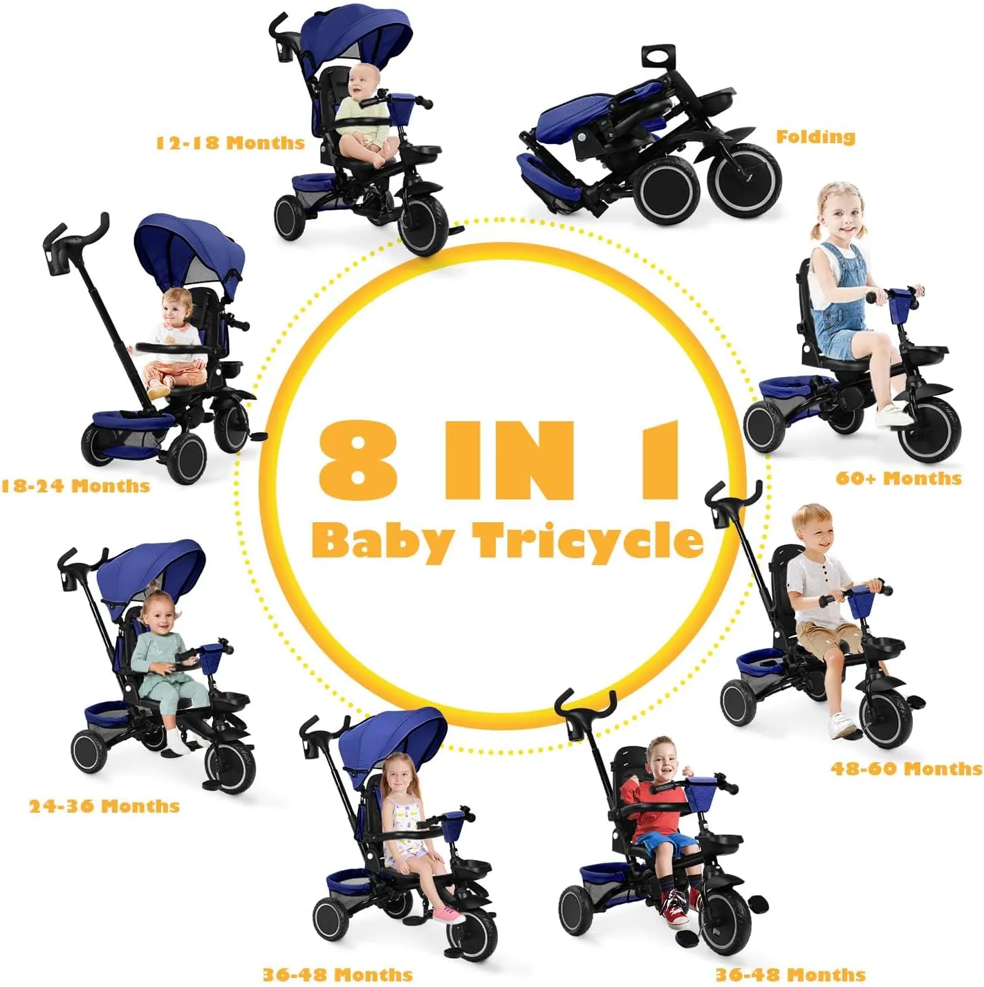 Folding Kids Tricycle, 8 in 1 Baby Trike W/Removable & Adjustable Canopy, Parent Handle, 5-Piont Safety Harness, Toddler Bike Stroller for Kids 1-6 Years, EVA Wheels, Storage Basket, Blue
