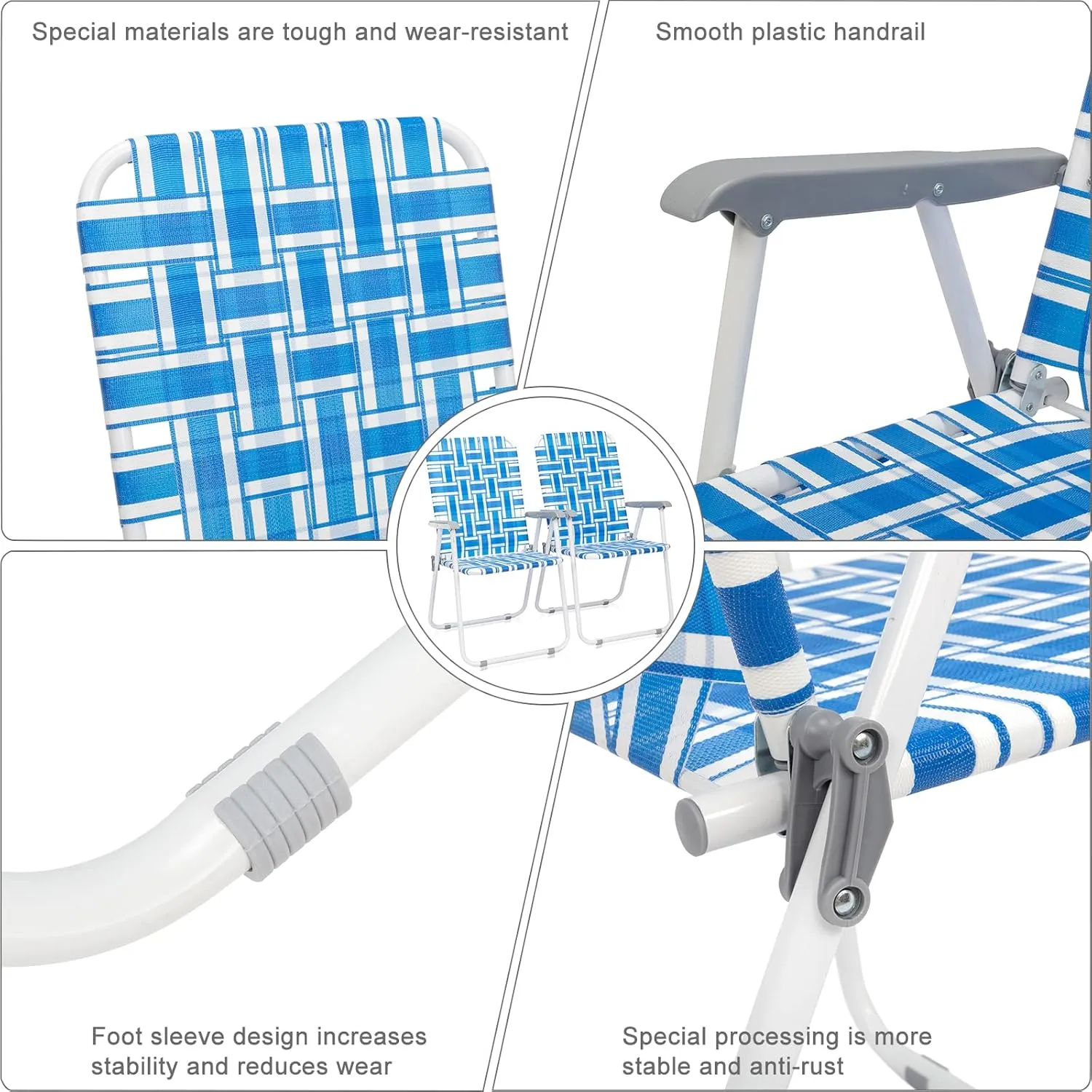Folding Patio Lawn Webbed Chair Set of 2, Portable Outdoor Beach Chair for Adults, Camping Chair Steel Frame 300lbs Capacity for Yard, Garden Dining, Party, Picnic, Blue