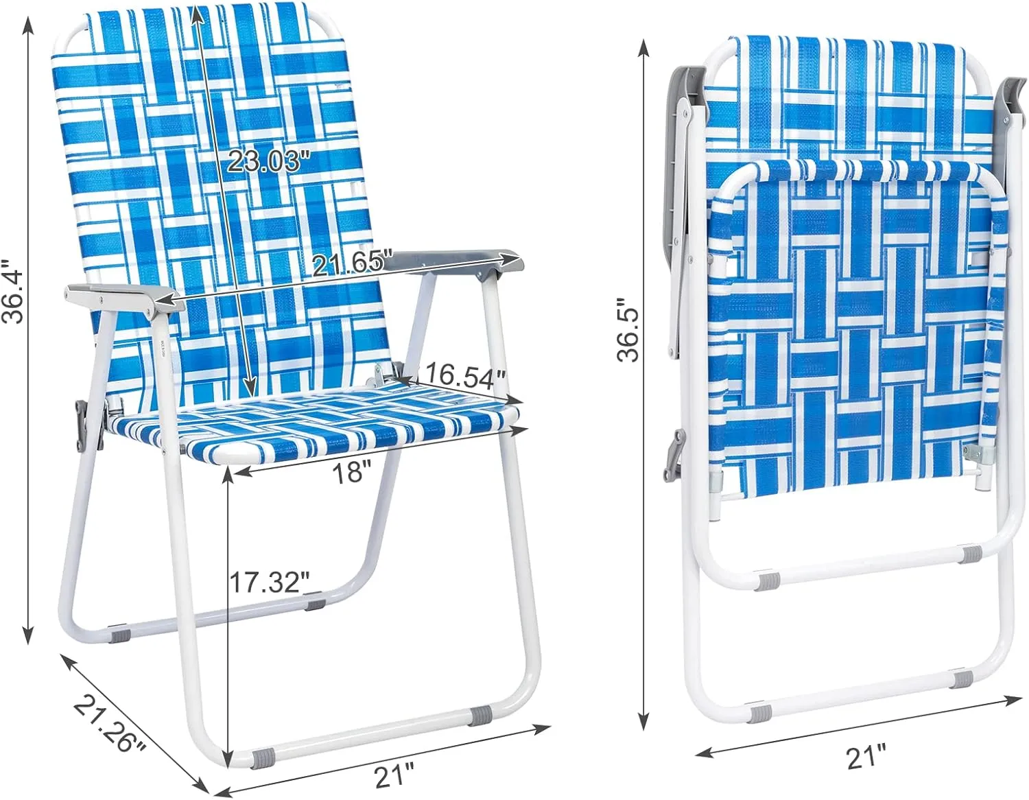 Folding Patio Lawn Webbed Chair Set of 2, Portable Outdoor Beach Chair for Adults, Camping Chair Steel Frame 300lbs Capacity for Yard, Garden Dining, Party, Picnic, Blue