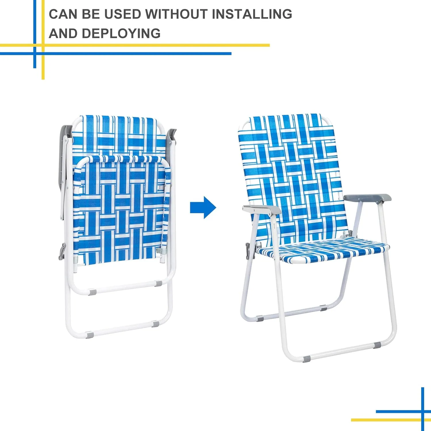 Folding Patio Lawn Webbed Chair Set of 2, Portable Outdoor Beach Chair for Adults, Camping Chair Steel Frame 300lbs Capacity for Yard, Garden Dining, Party, Picnic, Blue