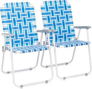 Folding Patio Lawn Webbed Chair Set of 2, Portable Outdoor Beach Chair for Adults, Camping Chair Steel Frame 300lbs Capacity for Yard, Garden Dining, Party, Picnic, Blue