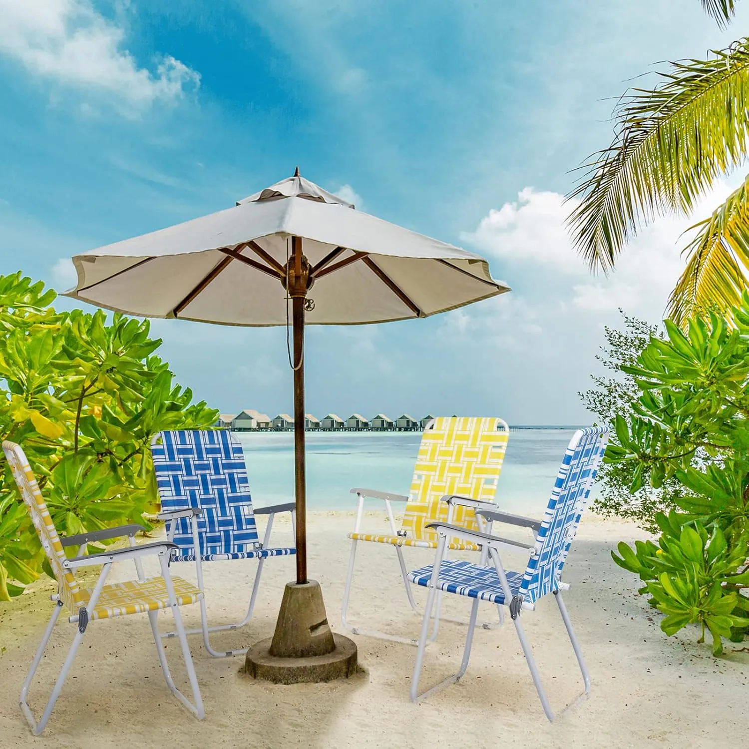 Folding Patio Lawn Webbed Chair Set of 2, Portable Outdoor Beach Chair for Adults, Camping Chair Steel Frame 300lbs Capacity for Yard, Garden Dining, Party, Picnic, Blue