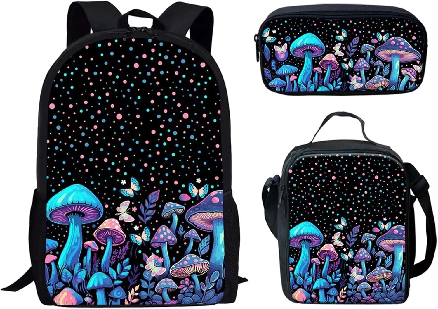Forchrinse 3 Pieces Blue Mushroom Butterfly Backpack for Kids Student Bookbag Set with Lunch Box Bag and Pencil Bag for Boys Girls