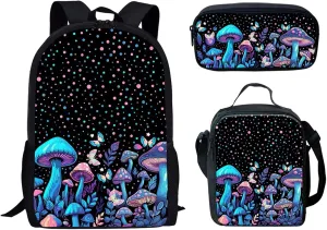 Forchrinse 3 Pieces Blue Mushroom Butterfly Backpack for Kids Student Bookbag Set with Lunch Box Bag and Pencil Bag for Boys Girls