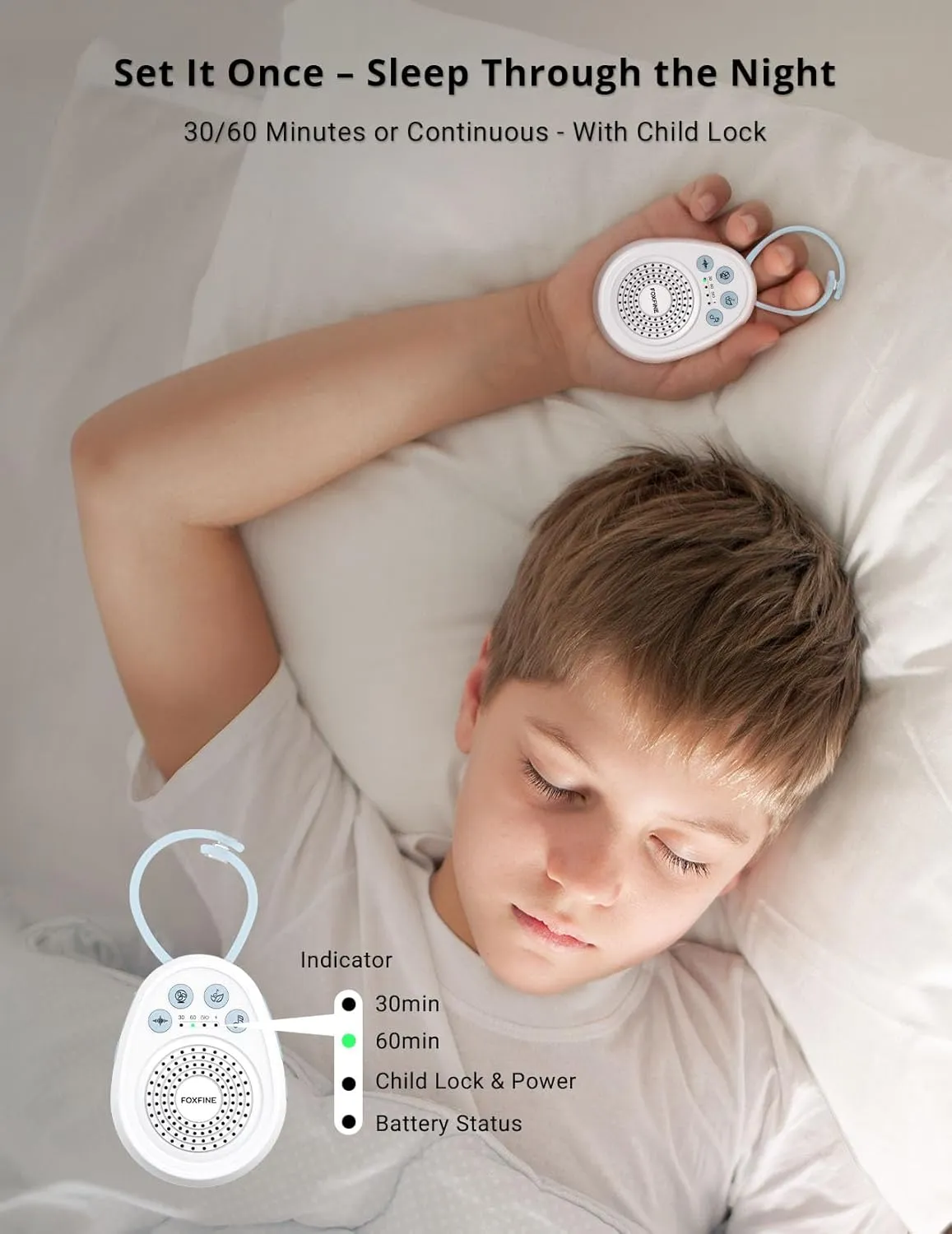 FOXFINE White Noise Machine - Portable Sound Machine with 30 Sleep Sounds, Rechargeable, Timer, Child Lock for Babies, Adults, Home, Travel, Office, Blue