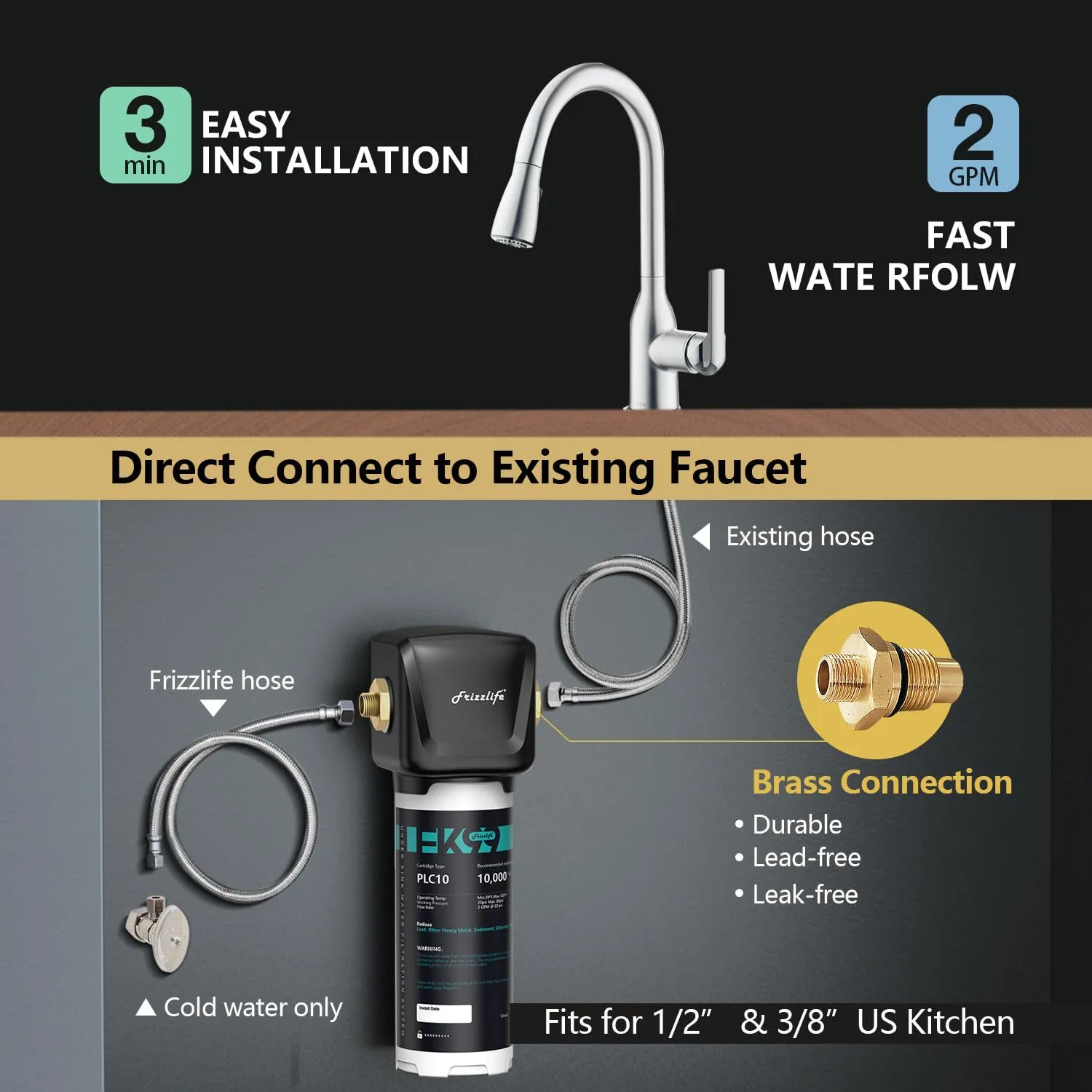 Frizzlife FK99 Under Sink Water Filter System, NSF/ANSI 53&42 Certified, Remove 99.99% Chlorine, Lead, Bad Taste&Odor, Direct Connect, 0.5 Micron, Under Counter Drinking Water Filter