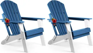 FUNBERRY Folding Adirondack Chair Set of 2, Blue & White All Weather HDPE Fire Pit Chairs with Cup Holder for Outdoor