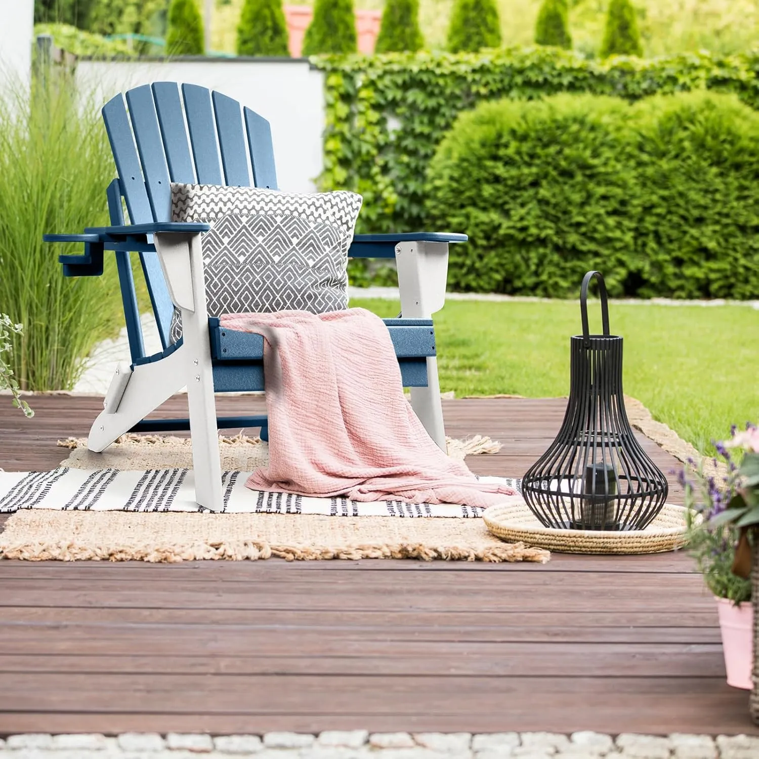 FUNBERRY Folding Adirondack Chair Set of 2, Blue & White All Weather HDPE Fire Pit Chairs with Cup Holder for Outdoor