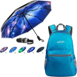 G4Free 20L Lightweight Packable Backpack Travel Hiking Daypack Foldable 42 Inch Windproof Travel Compact Umbrella for Rain & Sun Double Canopy Umbrella with Reflective Strip Automatic Open & Close