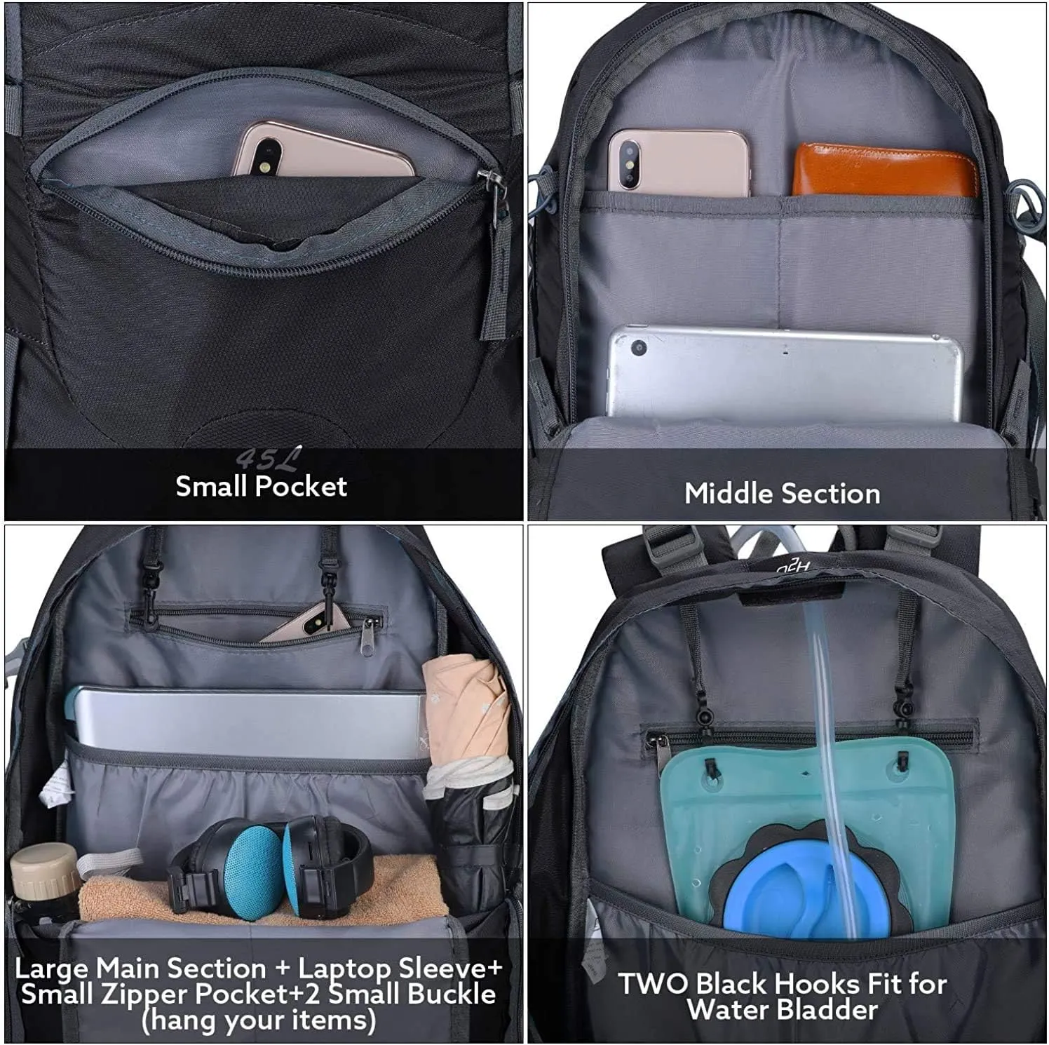G4Free 45L Hiking Travel Backpack Waterproof with Rain Cover, Outdoor Camping Daypack for Men Women (Black)