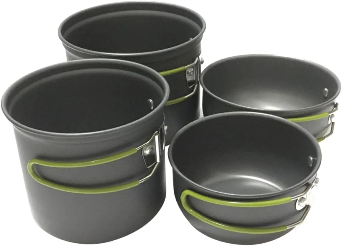 GANAZONO Camping Cookware Set 4-pc Aluminum Cooking Utensils Kit Collapsible Pot Portable Pan Set Heat Resistant Easy to Clean for Outdoor Adventures