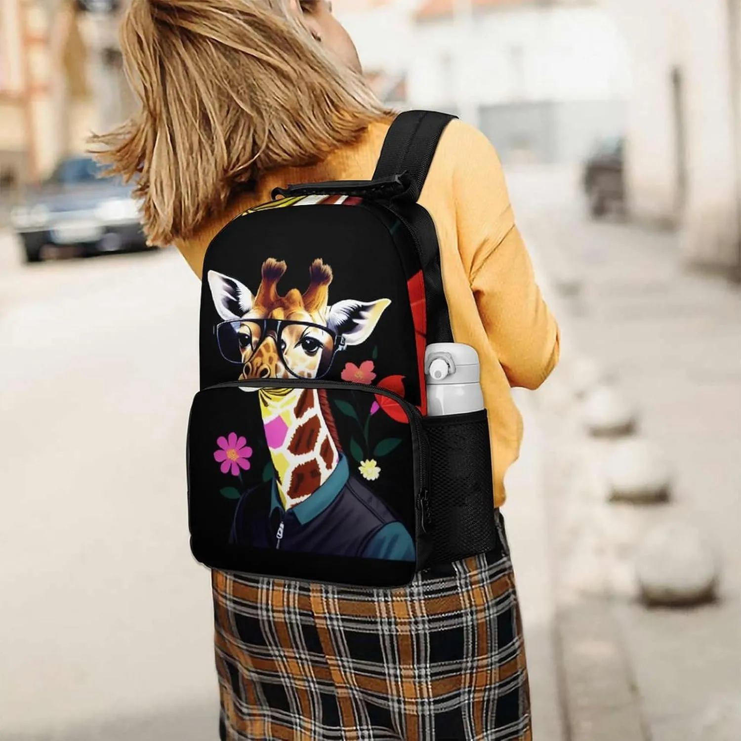 Giraffe Wear Glasses Art Backpack Polyester Anti-Theft Multipurpose Bookbag Large Capacity Laptop Book Bag Rucksack With Side Pockets